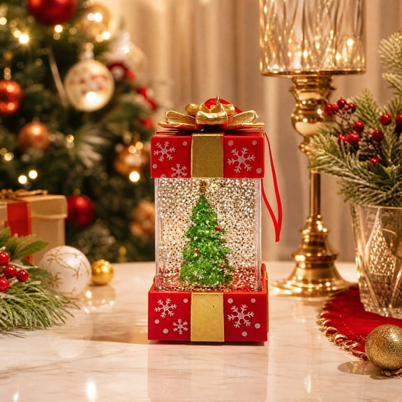 Christmas Lighted Glitter Snow Globe Ornament, Gift‑Box‑Shaped Tabletop Decoration With Santa Snowman Christmas Tree, Holiday Present for Xmas Home Party Celebration
