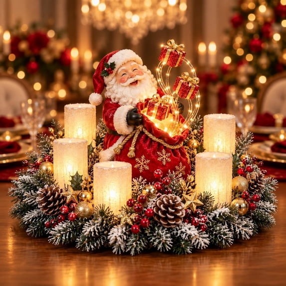Christmas Lighted Glowing Centerpiece, Soft Flameless LED Glow Rustic Wooden Decor, Indoor Table Mantel Holiday Decoration for Dining Room Entryway Xmas Gift