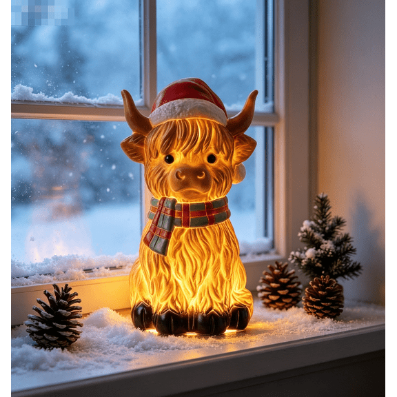 Christmas Lighted Highland Cow Blow Mold Resin Figurine, Santa Hat Highland Cow Statue with Plaid Scarf, LED Light Up Tabletop Decoration for Holiday Home Decor Gift