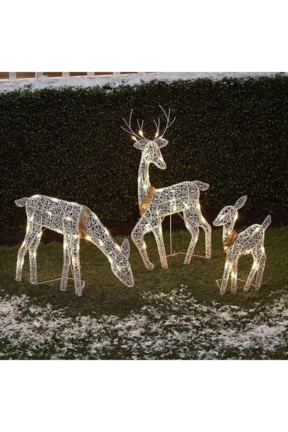 Christmas Lighted Reindeer Decoration, 3-Piece Xmas Deer Family Set, Outdoor Holiday Deer Yard Decoration with Warm White LED Lights