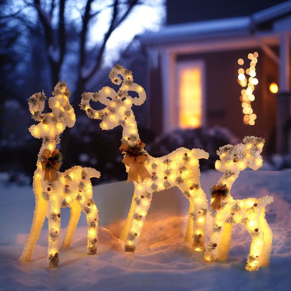 Christmas Lighted Reindeer Decorations, Outdoor Indoor LED Light-Up Reindeer Figures with Pinecones & Bows for Holiday Yard Lawn Garden Decor, Set of 3