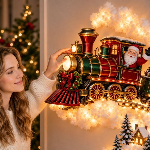 Christmas Lighted Santa Train Wall Hanging Decor, 24 Inch Christmas Track Glowing Cloud Garland, Holiday Indoor Home Mantel Room Village Gifts