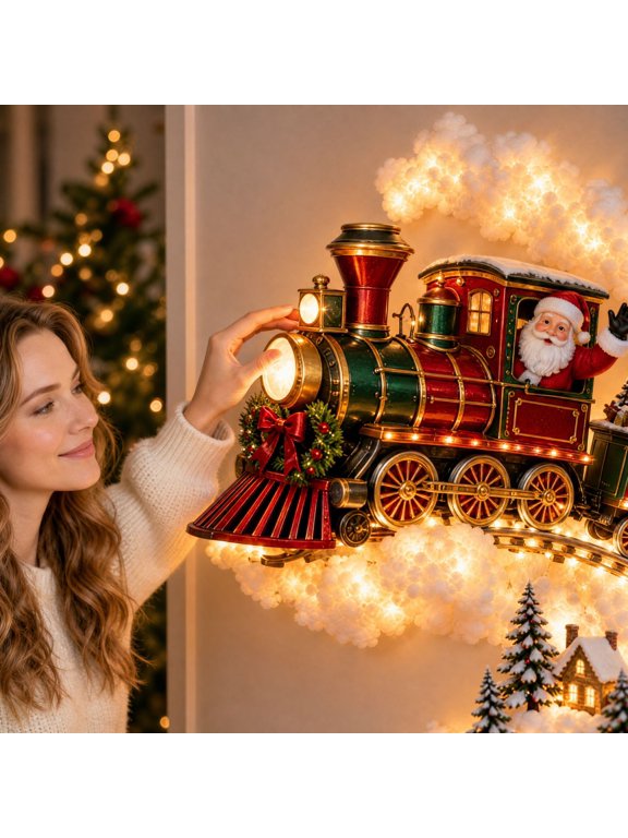 Christmas Lighted Santa Train Wall Hanging Decor, 24 Inch Christmas Track Glowing Cloud Garland, Holiday Indoor Home Mantel Room Village Gifts