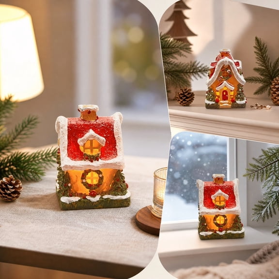 Christmas Lighted Snow House Resin Figurine, Winter Cottage with Warm LED, Tabletop Ornament