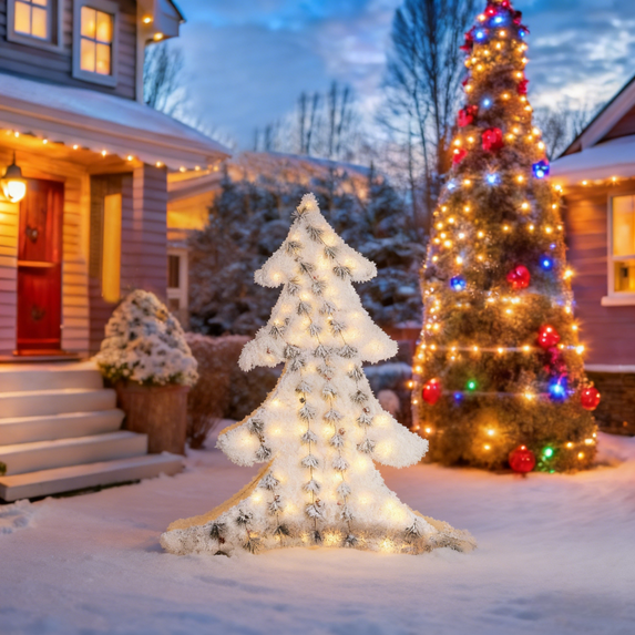 Christmas Lighted Snowy Pine Tree Decorations, Indoor Outdoor LED Flocked Christmas Trees with Warm Lights for Holiday Yard Lawn Home Decor, Big