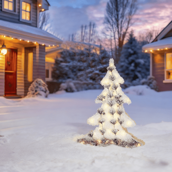 Christmas Lighted Snowy Pine Tree Decorations, Indoor Outdoor LED Flocked Christmas Trees with Warm Lights for Holiday Yard Lawn Home Decor, Small