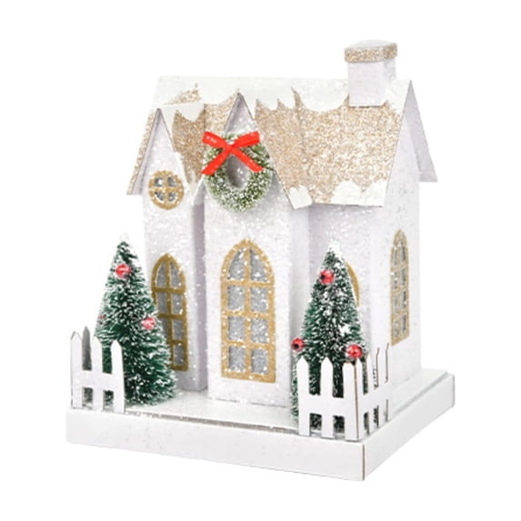Christmas Lighted Tabletop House, Battery Operated Glitter Mini Festive Decor, 1 Pack Small 7.9 Inch Indoor Xmas Village Ornament, For Holiday Mantel Shelf Party Home Winter Season Display