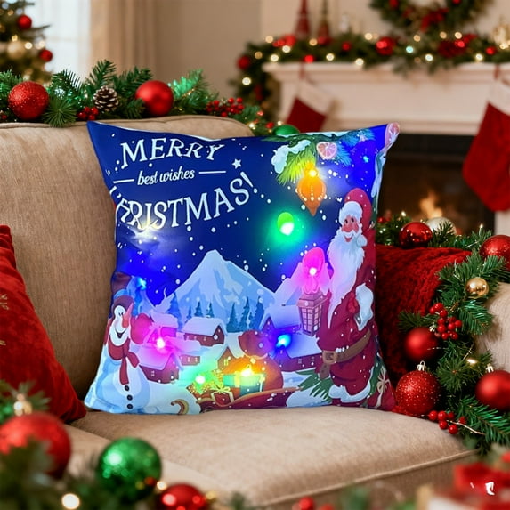 Christmas Lighted Throw Pillow Covers 18x18" Christmas LED Pillows 2 Modes Switching Printed Sofa Pillows Cushions Pillowcases for Holiday Party Supplies
