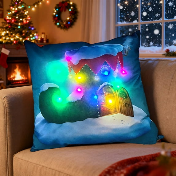 Christmas Lighted Throw Pillow Covers Christmas LED Pillows 2 Modes Switching Printed Sofa Pillows Cushions Pillowcases Comfortable & Breathable Pillow Covers 18x18"