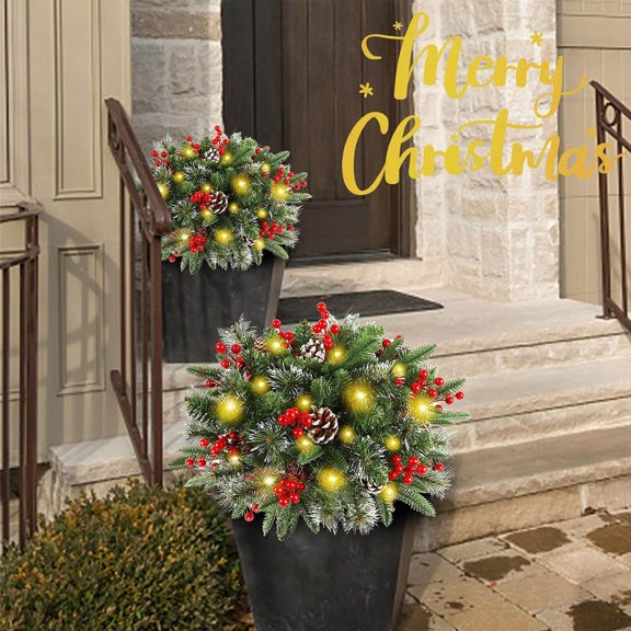 Christmas Lighted Tree Stake Pine Yard Stake with Glowing Tips & Red Flower LED Garden Stake for Garden Bed Planter Box Porch Steps