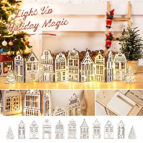 Christmas Lighted Wooden Village House Set Farmhouse Shelf Decor for Home Mantel Table Holiday Display