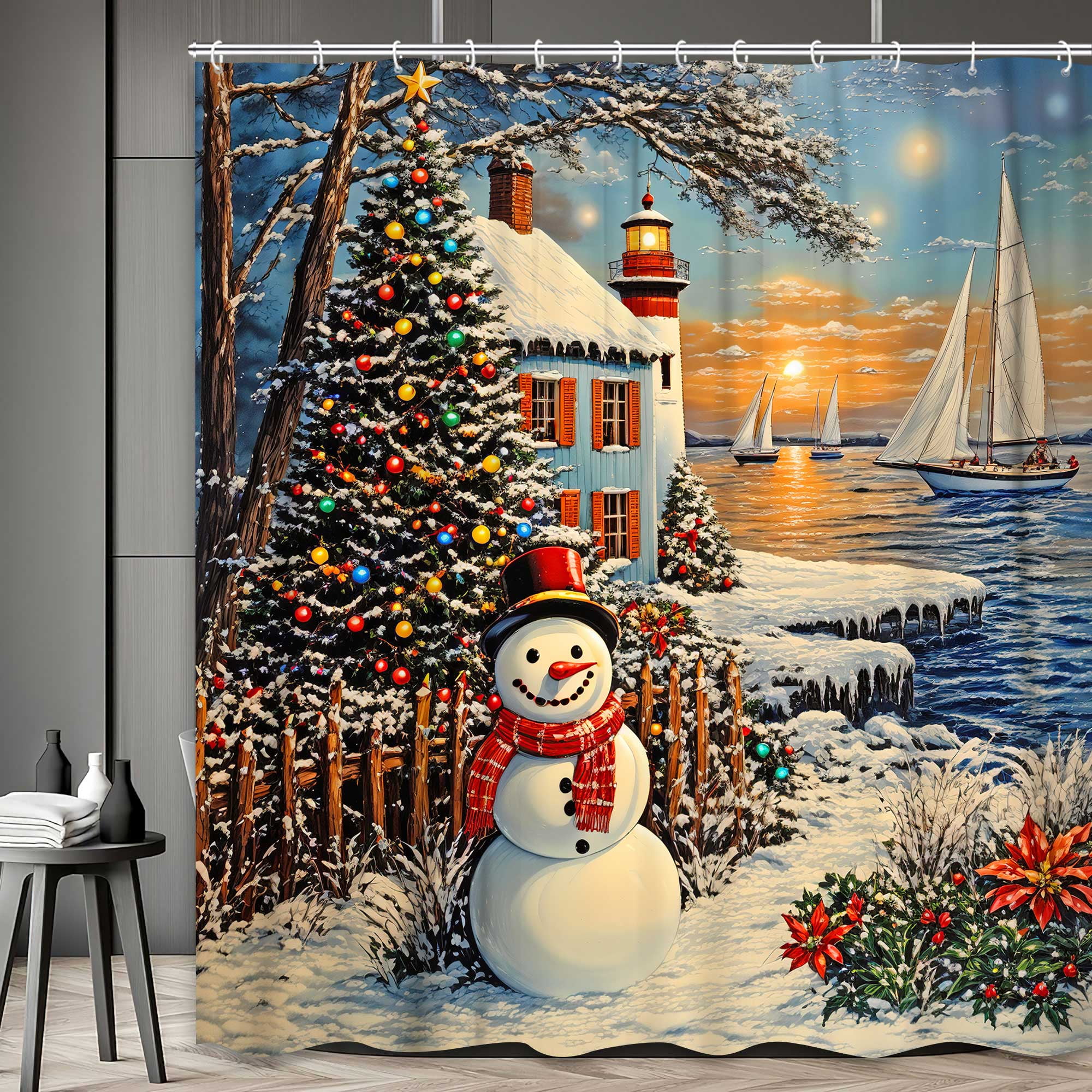Christmas Lighthouse Shower Curtain, Snowman Snowy Xmas Trees Winter Ocean Coastal Scene Bath Curtain, Rustic Farmhouse Bathroom Accessories for Xmas Bathroom Curtain Liner Set with Hooks, 72X72in