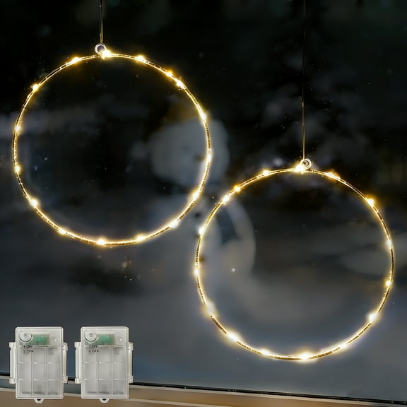 2PCS Christmas Window Lights Decoration Battery Powered, Indoor Round Shape 20 LED Copper Wire Hanging String Lights For Home, Living Room(Warm White)