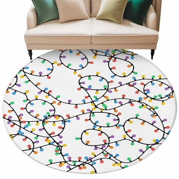 Christmas Lights Area Rug, Abstract Colorful Red Blue Yellow Green Xmas Light Strips Washable Large Circle Carpet, Non Slip Round Rug for Living Room/Bedroom/Dining Room/Home Office/Dorm