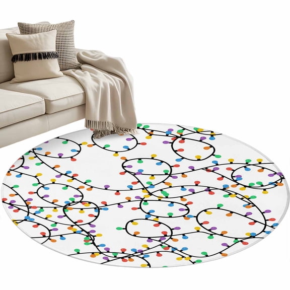 Christmas Lights Area Rug, Abstract Colorful Red Blue Yellow Green Xmas Light Strips Washable Large Circle Carpet, Non Slip Round Rug for Living Room/Bedroom/Dining Room/Home Office/Dorm