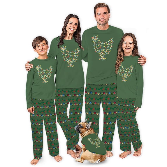 Christmas Lights Chicken Pajamas For Family And Dog, Green Matching Chicken Holiday PJs, Plus Sizes, With Pockets