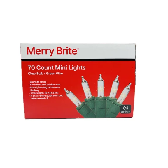 Christmas Lights Clear Bulb Green Wire 15" Merry Brite Mini 70 Count