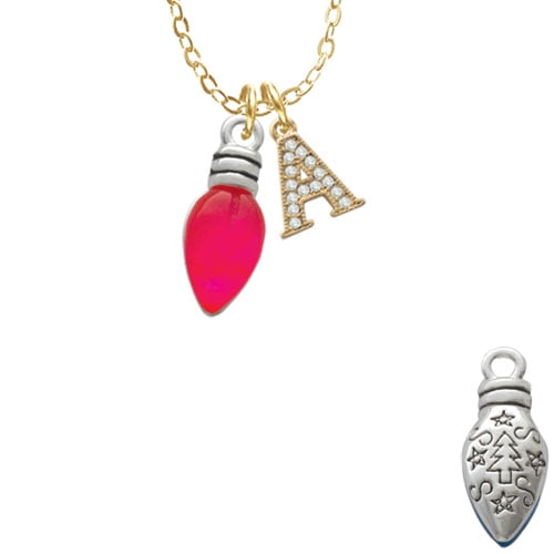 Christmas Lights - Hot Pink Resin - A - Gold Tone Crystal Initial Sophia Necklace, 18"+1"