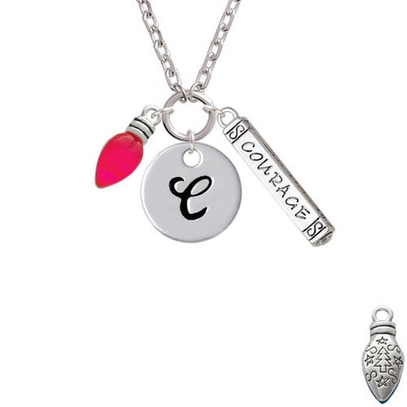 Christmas Lights - Hot Pink Resin - C - Script Initial Disc Courage Strength Wisdom Zoe Necklace