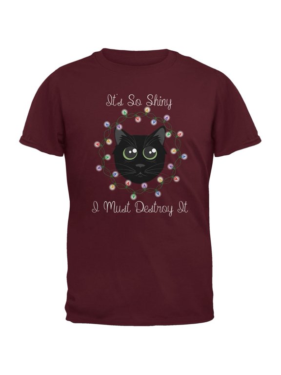Christmas Lights Its So Shiny Cat Maroon Adult T-Shirt - Large