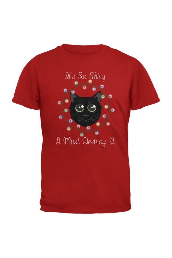 Christmas Lights Its So Shiny Cat Red Adult T-Shirt - Large