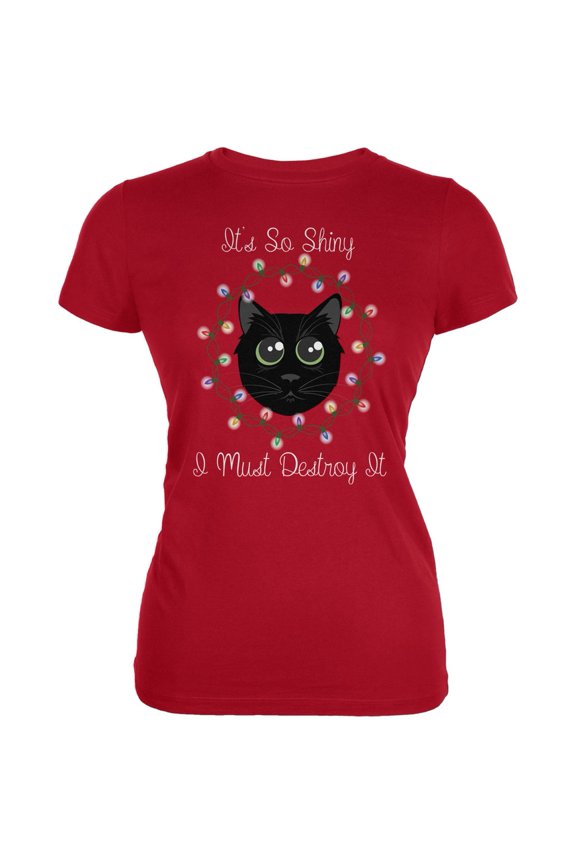 Christmas Lights Its So Shiny Cat Red Juniors Soft T-Shirt