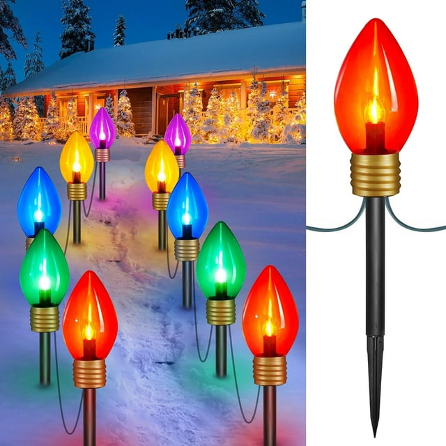 Christmas Lights Jumbo C9 Outdoor Lawn Decorations with Pathway Marker Stakes, 2 Pack 8.5 Feet