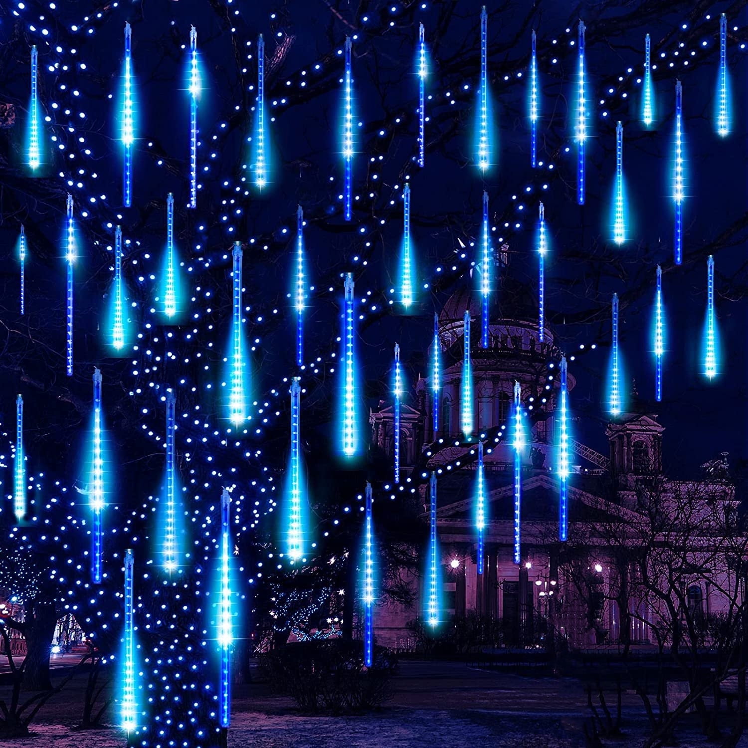 XMAS Outside Decorations: 18 Inches 10 Tubes 360 LED Meteor Shower Icicle String Lights, Blue