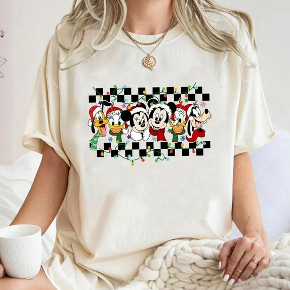 Christmas Lights Mickey and Friends Shirt, Merry Christmas Party 2025 Shirt, Vacation Family Gifts, Checkered Design Tee