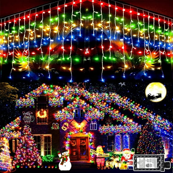 Christmas Lights Outdoor Decorations 400 LED 33ft 8 Modes Curtain Fairy String Light with 75 Drops, Clear Wire LED String Light Decor for Wedding Party Holiday Christmas Decorations Cool White