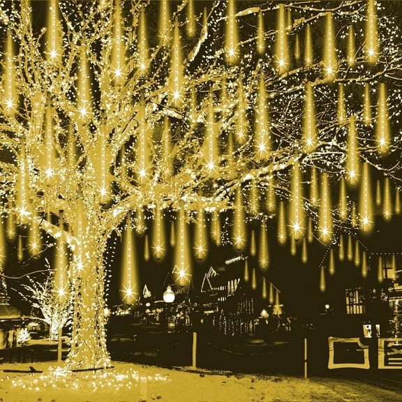Meteor Shower Lights 192 LED 8 Tubes Falling Rain Drop Christmas Icicle Cascading Lights for Xmas Tree Halloween Decorations Wedding Party Holiday Garden Decor,Warm White