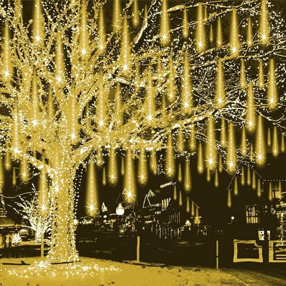 Christmas Lights Outdoor Falling Rain Meteor Shower Lights 12 inch 8 Tube 192 LED Snowfall Icicle Cascading String Light for Xmas Tree Christmas Decorations Holiday Garden, UL Plug,Warm White