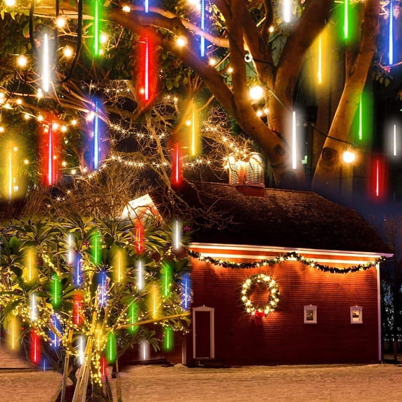 Christmas Lights Outdoor, LONGRV Meteor Shower Lights Falling Rain Lights 12 inch 8 Tube 192 LED Snow Falling Icicle Cascading Lights for Xmas Tree Decoration Wedding Party, Multicolor