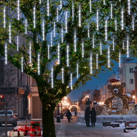 Christmas Lights Outdoor, Meteor Shower Falling Rain Lights 10cm 10 Tube 200 LED Icicle Cascading Lights for Xmas Tree Wedding Party Decoration, White