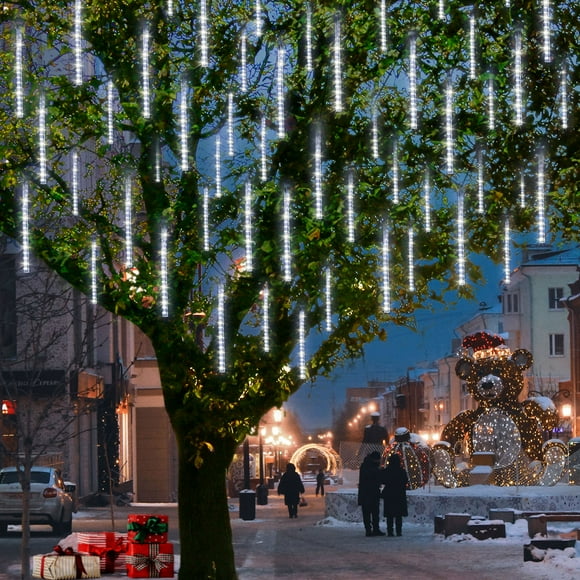 Christmas Lights Outdoor, Meteor Shower Falling Rain Lights 10cm 10 Tube 200 LED Icicle Cascading Lights for Xmas Tree Wedding Party Decoration, White