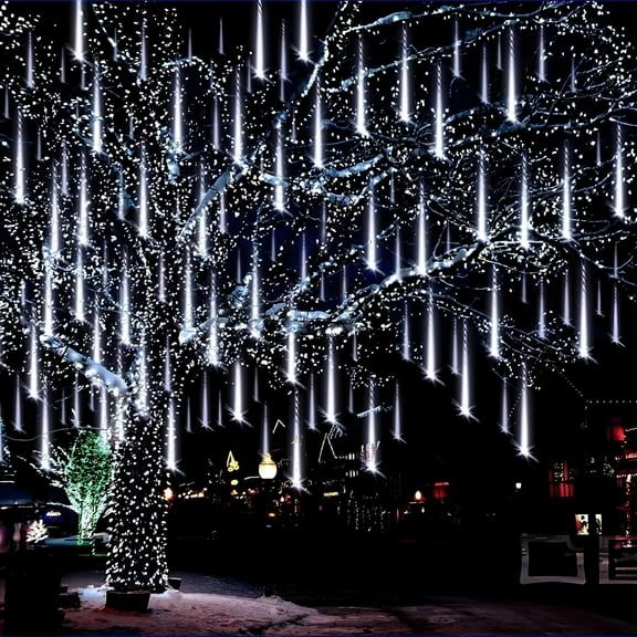 Christmas Lights Outdoor Meteor Shower Falling Rain Lights 12 inch 8 Tubes 192LED Snowfall Cascading Icicle String Light for Xmas Tree Decor Wedding Party Holiday Window Garden, UL Plug, White