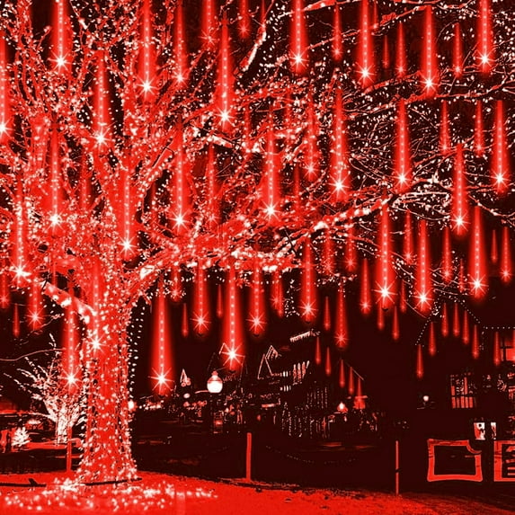 Christmas Lights Outdoor, Meteor Shower Lights Falling Rain Lights for Xmas Tree Halloween Decoration Wedding Party - red