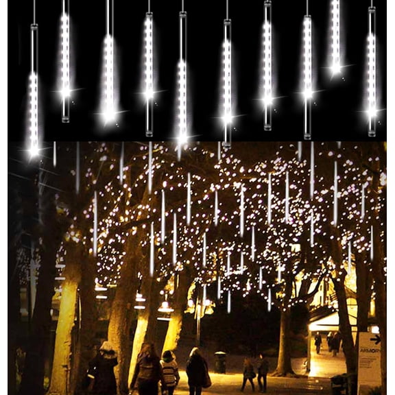 Christmas Lights Outdoor Meteor Shower Lights White 16 Inch 10 Tubes 360 LED Falling Rain Light Waterproof Snowfall Dripping Icicle Light for Xmas Tree Holiday Decoration Yard Porch Patio