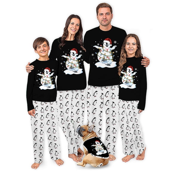 Christmas Lights Penguin Matching Family Pajamas With Pet, Santa Hat Penguin Holiday PJs, Plus Sizes, With Pockets
