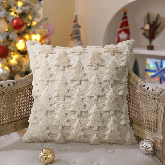 Christmas Lights Pillow Cover 18x18 Inches, Christmas Tree Plush Decorative Throw Pillow Case for Couch, Sofa & Living Room Holiday Decor, Beige, 1 Pack