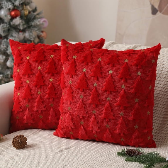Christmas Lights Pillow Cover 18x18 Inches, Christmas Tree Plush Decorative Throw Pillow Case for Couch, Sofa & Living Room Holiday Decor, Red, 1 Pack