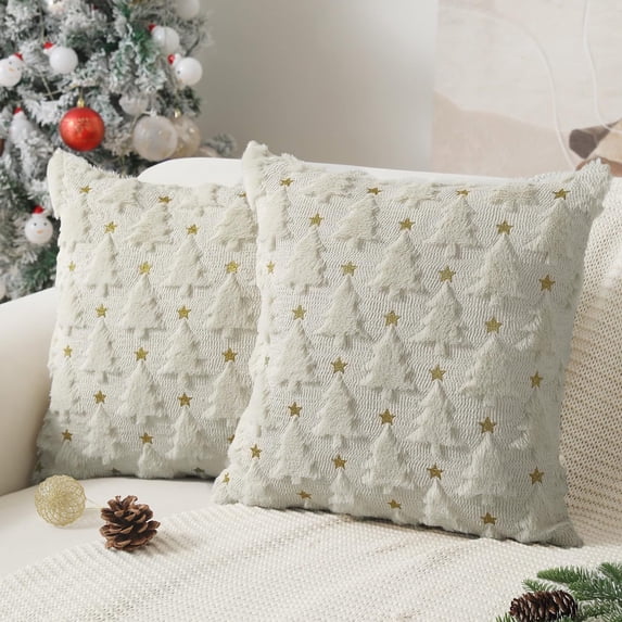 Christmas Lights Pillow Cover 18x18 Inches, Christmas Tree Plush Decorative Throw Pillow Case for Couch, Sofa & Living Room Holiday Decor, White, 1 Pack