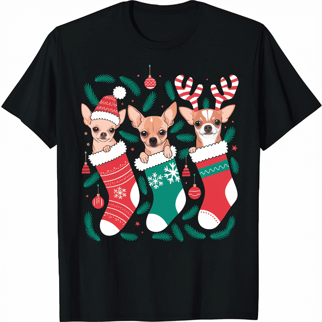 Christmas Lights Santa Chihuahua Dogs Stocking Socks Xmas Shirt