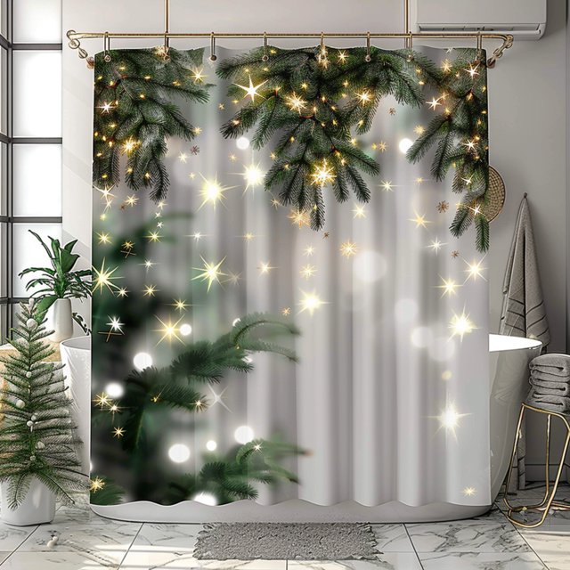 Christmas Lights Shower Curtain White Background Bathroom Decor Tree