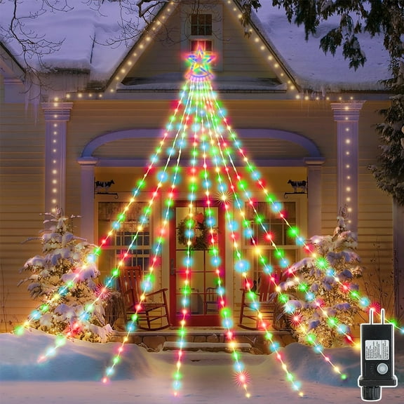 Christmas Lights with Star, 350 LED 25.8FT Star Waterfall String Christmas Fairy Lights with 8 Modes for Outdoor & Indoor Decoration, Multicolor