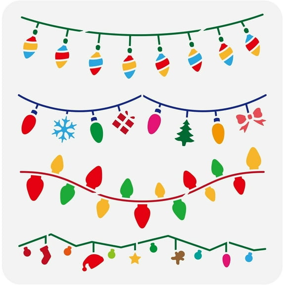 Christmas Lights Stencil 11.8x11.8inch Reusable Christmas Small Hanging Lights Drawing Template Tie Snowflake Gift Christmas Tree Sock Hat Gingerbread Man DIY Stencil for Painting