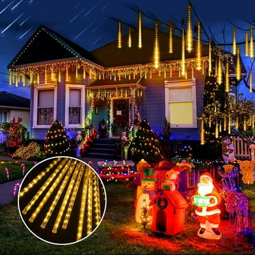 Christmas Lights, String Lights Outdoor, Meteor Shower Lights Outdoor 12 Inch 8 Tube 192 LED Meteor Lights, Raindrop Snowfall Lights for Tree Yard Party Patio Christmas Decor Lights, Warm White