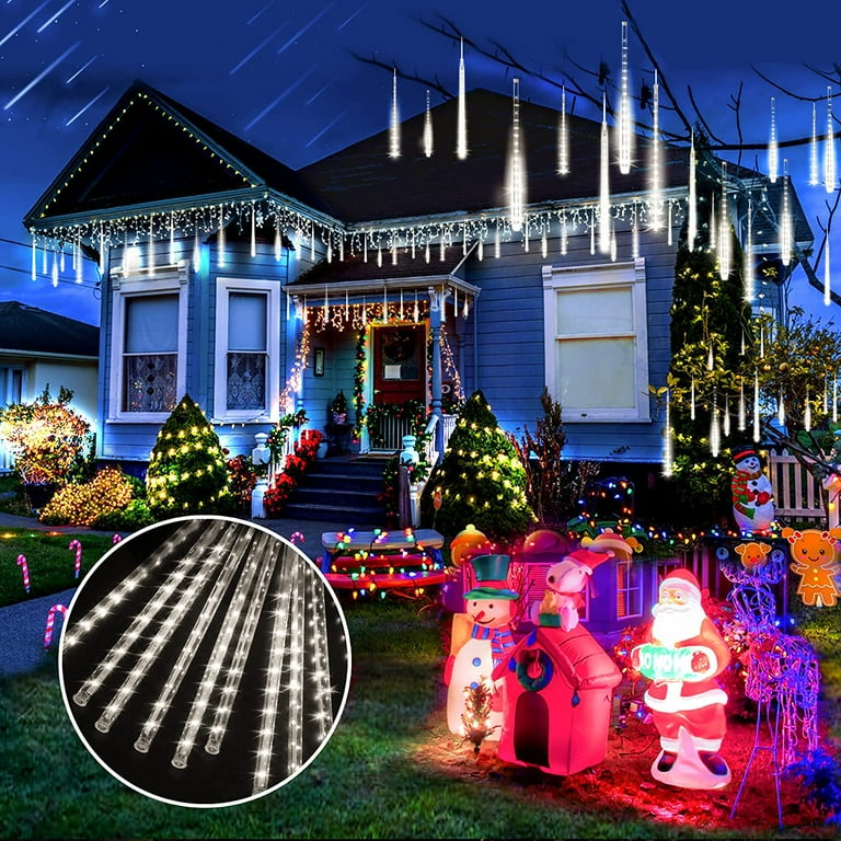 Christmas Lights String Lights Outdoor Meteor Shower Lights Outdoor 12 Inch 8 Tube 192 LED Meteor Lights Raindrop Snowfall Lights for Tree Yard