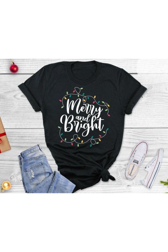 Christmas Lights Tee T Shirt Graphic Tops Casual Merry Bright Holiday Family Design Short Sleeve Black S-5XL