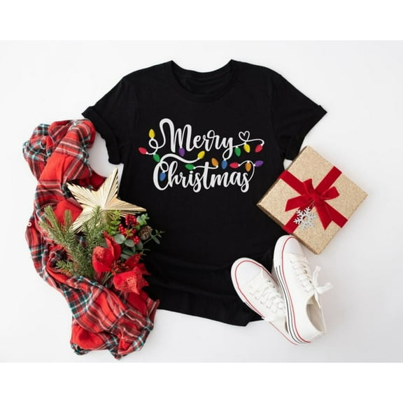Christmas Lights Tee T Shirt Graphic Tops Merry Christmas Holiday Design Short Sleeve Round Neck Black S-5XL